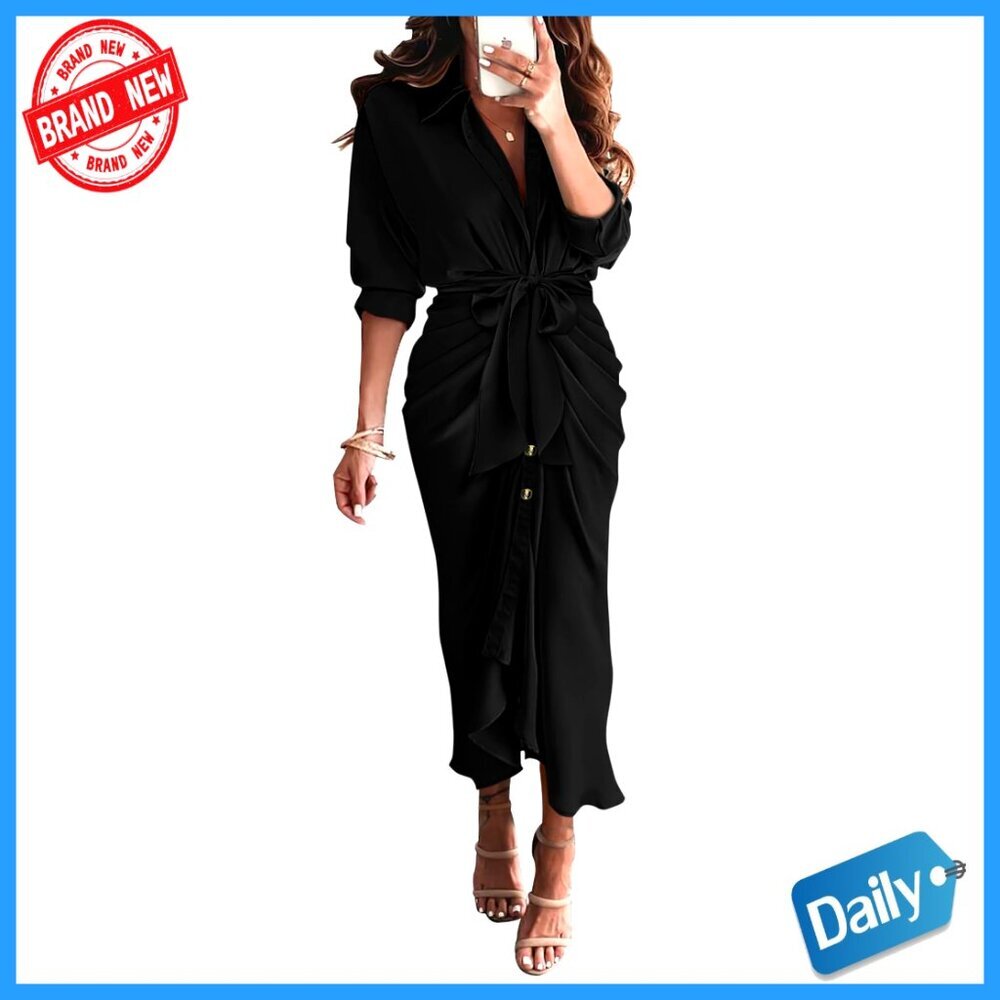 Elegant Satin Shirt Dress Long Sleeve V Neck Belted Ruched Maxi Spring Summer